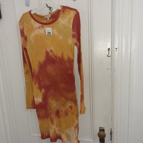 Orange /Rust Tie Dye Ribbed Bodycon Long Sleeve Dress - Picture 3 of 6
